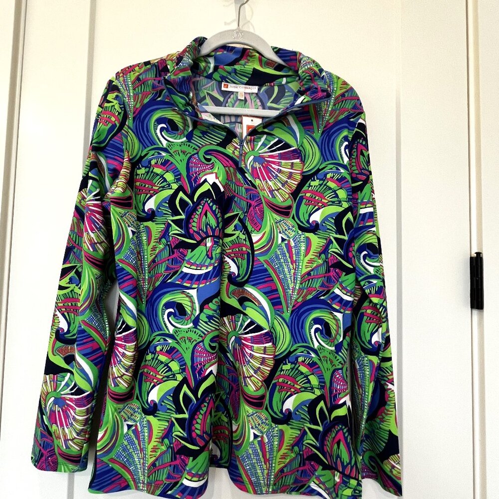 Jude Connally - Blues, Greens, Pink Ruched Mock Neck Zip Top - Flattering - NWT